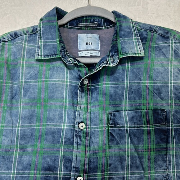 Zip Code 1992 Zara Men’s Blue Green Plaid Distressed Button Down Shirt Medium - Picture 2 of 6